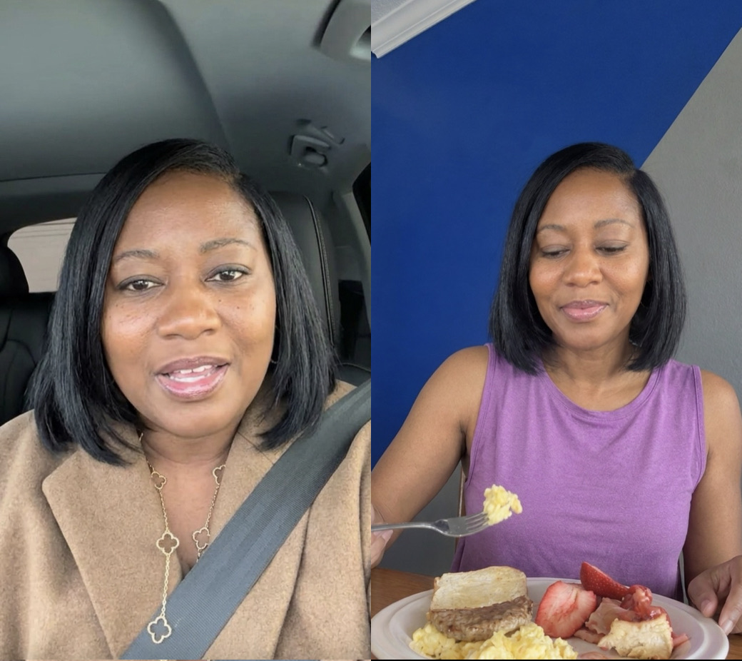 Sierra Hollan in March, and now eating a full breakfast